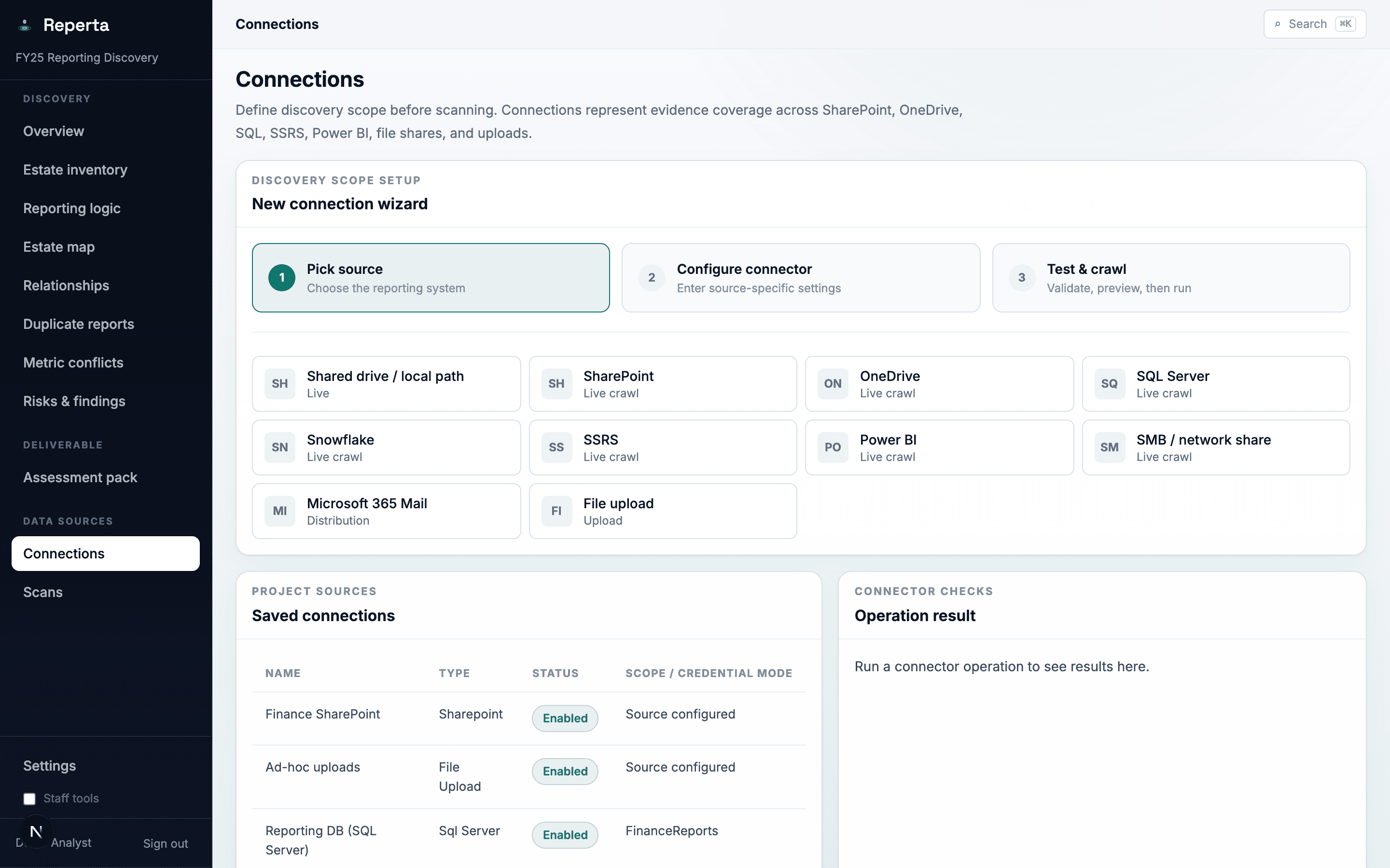 Reperta workspace: Connections. Read-only connections to SharePoint, SQL Server, file uploads, and more.